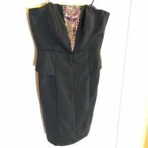 Black strapless dress with gold tone sequins